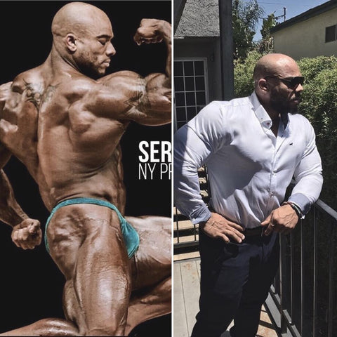 Professional bodybuilder Sergio Oliva Jr in oxcloth shirt and chinos