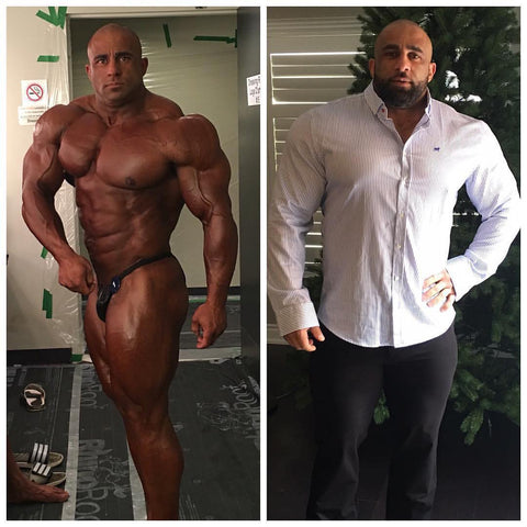 350lb professional bodybuilder Fouad Abiad in oxcloth shirt and chinos