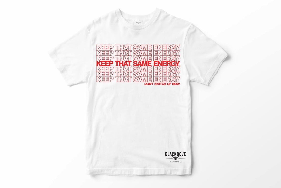 white shirt with red graphic