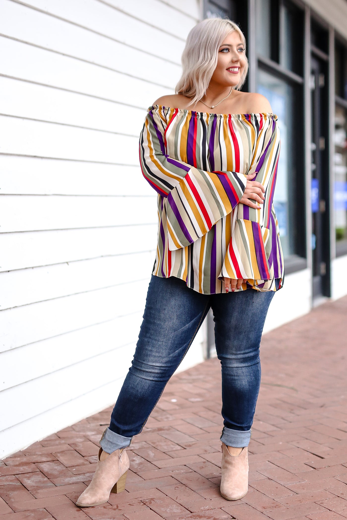 Don't Be Basic Striped Off The Shoulder Top - Mustard