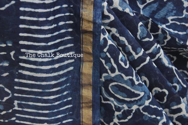 Hand block Printed Indigo Saree in Chanderi Silk SHB-CHN35-C3