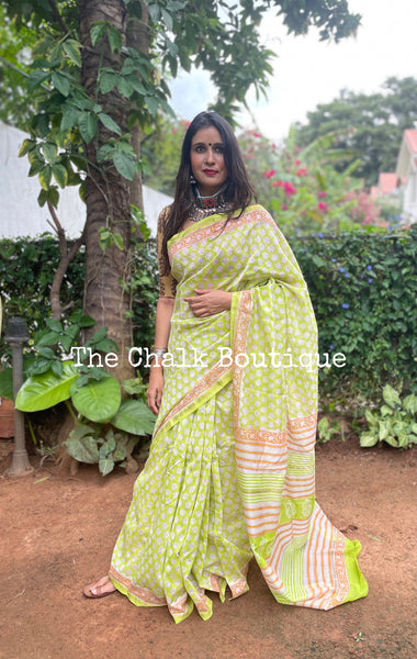 | Lemon Chai | Hand Block printed Chanderi Saree.