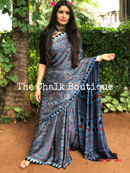 Indigo Modal silk vegetable dyed Ajrakh saree.