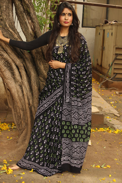 |Rangrez| -Black hand block printed cotton saree.-The Chalk Boutique