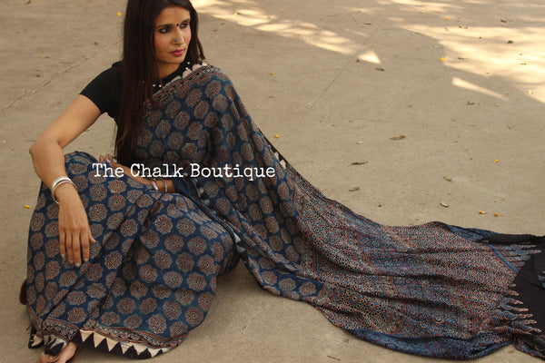 Indigo Modal silk vegetable dyed Ajrakh saree. KCH-MOD7-C8