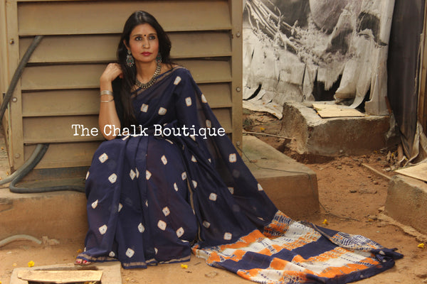 Blue Clamp Shibori chanderi saree. TCB-CH1-RB4-The Chalk Boutique