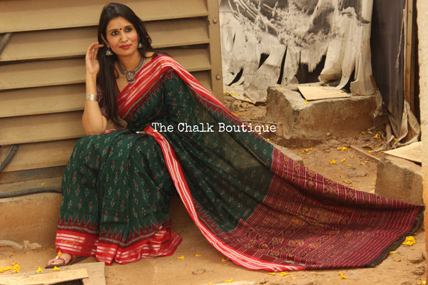 Green with red border Handwoven sambalpuri ikat saree in cotton. TCB-OV1-NH3-The Chalk Boutique