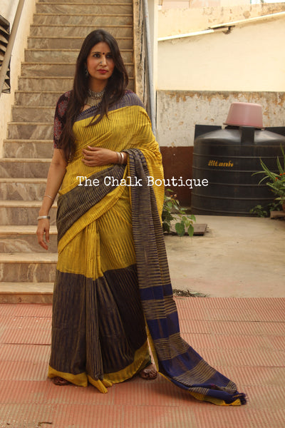 Mustard Pure Cotton Tie & Dye Half & Half Saree TCB-TD4-CY5-The Chalk Boutique