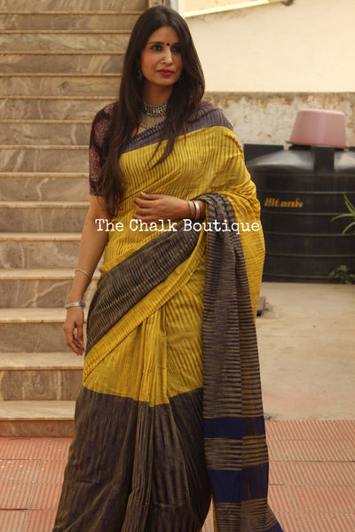 Mustard Pure Cotton Tie & Dye Half & Half Saree TCB-TD4-CY5-The Chalk Boutique