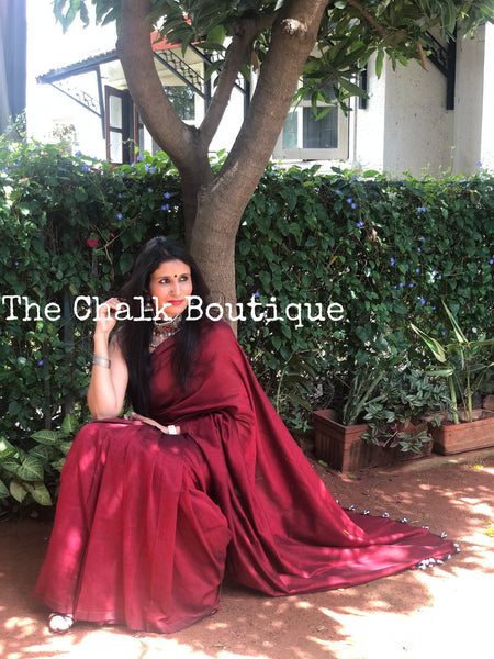 | Vino | Maroon Pure cotton Saree with tasseled pallu.