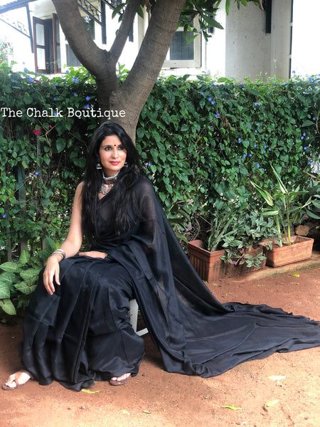 |Date Night | Black Pure cotton Saree with tasseled pallu.