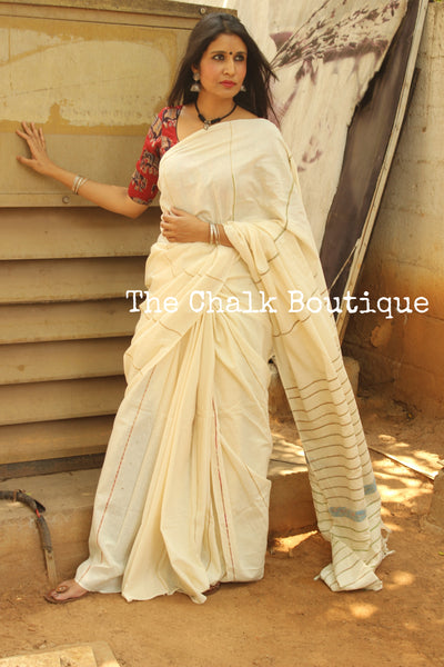 Off White Mul cotton 'khesh' saree. TCB-KSH-WHT-The Chalk Boutique