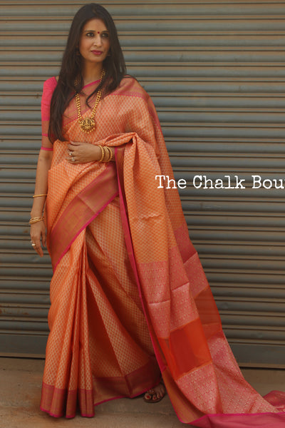 Peach Muslin Tanchoi Semi Katan Benarasi silk saree with all over weave. TCB-TN15-MC1