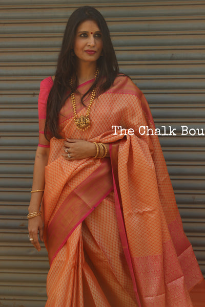 Peach Muslin Tanchoi Semi Katan Benarasi silk saree with all over weave. TCB-TN15-MC1