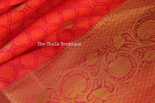 Red Muslin Tanchoi Semi Katan Benarasi silk saree with all over weave. TCB-TN17-MC1