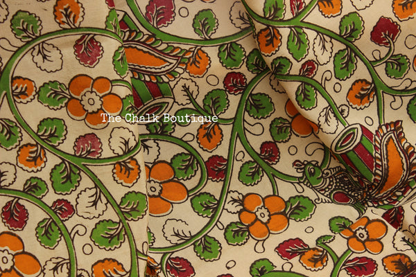 Beige Floral Hand block Print Kalamkari Cotton Silk Dupatta.