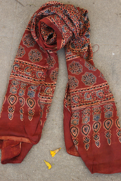 Madder Modal silk vegetable dyed Ajrakh stole. KCH-STO1-N