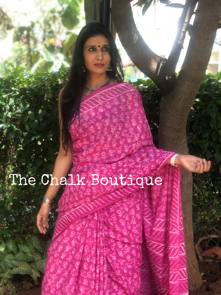 | Naina | Pink Traditional Dabu Handblock printed Cotton saree.