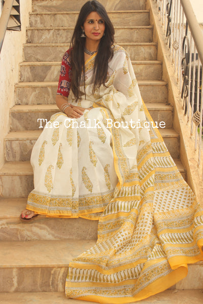 | Summer Love | White and Yellow Hand Block printed Chanderi Saree.