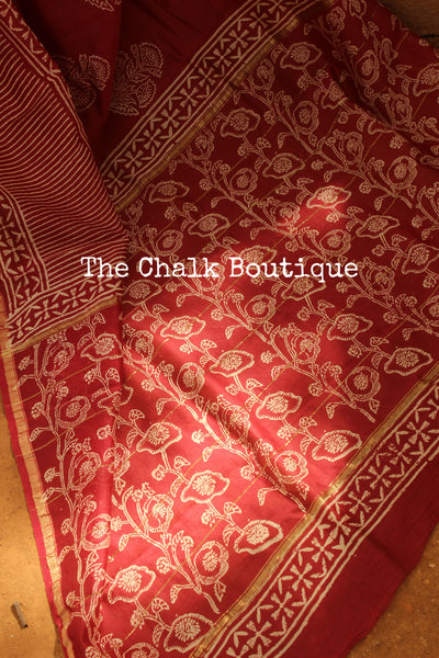 Deep Pink Big Border Hand Block printed Chanderi Saree.