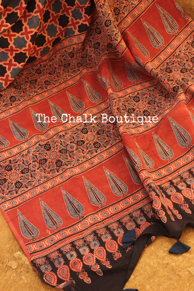 Madder Cotton Silk hand block printed vegetable dyed Ajrakh saree.