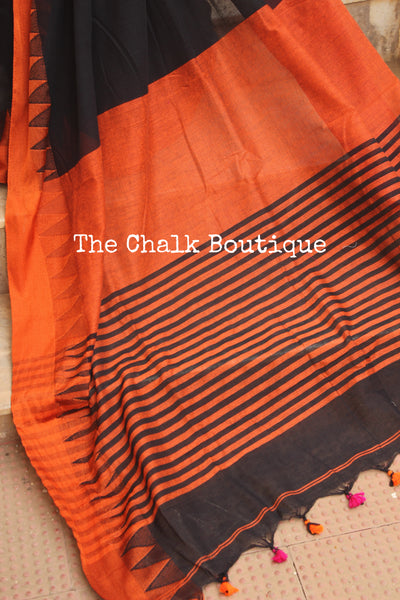 Black Cotton saree with temple border. TCB-BI1-CY8
