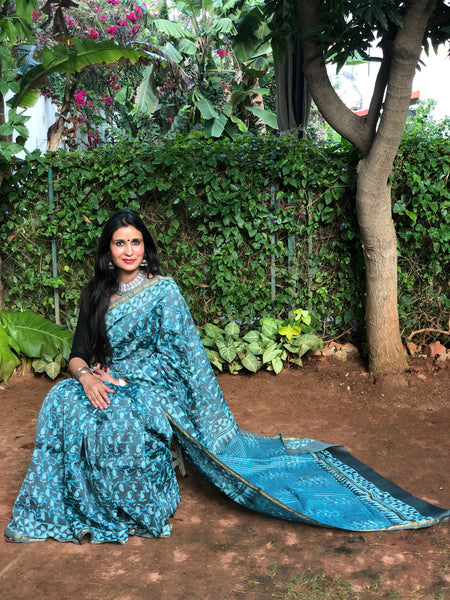 | Neela Aasman | Blue Hand Block printed Chanderi Saree.