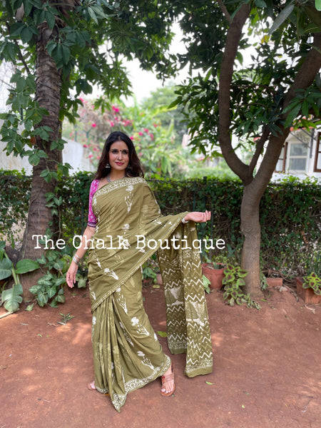 | Hara Patta | Mehndi Green Hand Block Printed mul mul cotton saree.