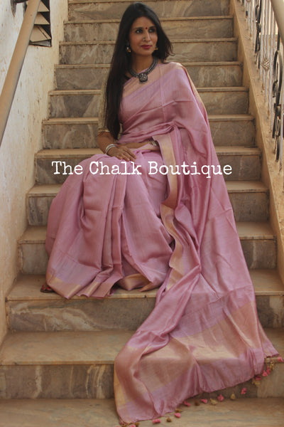 Delicate Pink Pure muga silk saree with zari border. TCB-MU5-MS2