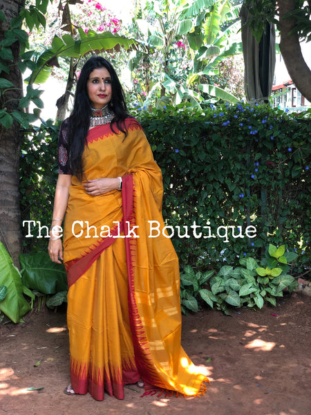 | Haldi Kumkum | Light Mustard Mercerised Cotton Saree.