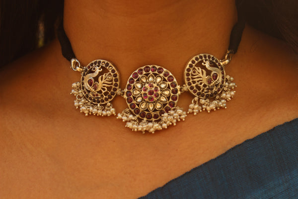92.5 Silver Adjustable Choker black Dori Necklace