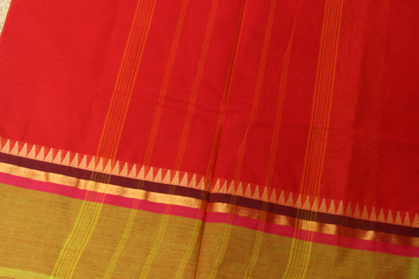Red Cotton Saree with contrast ganga jamuna Woven Border.