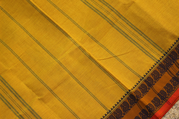 Yellow Cotton Saree with contrast Woven Border.