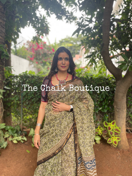 | Green Apple | - Green Bagru Hand Block Print Kota Doria Saree with zari border.