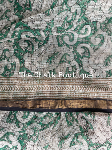 | Prakshi |- Green Bagru Hand Block Print Kota Doria Saree with zari border.