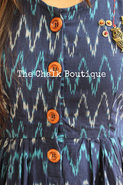 Dark Blue Ikat Cotton Midi Dress with Kantha Embroidery. DRS0270
