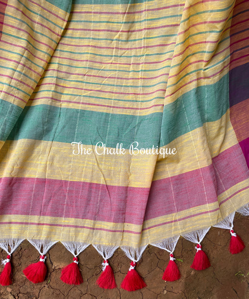 | Yellow Light | - 100% Handloom Cotton saree with contrast border
