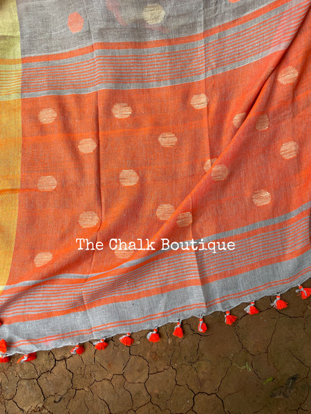 | Chic | Cool grey Linen saree with jamdani bootas.