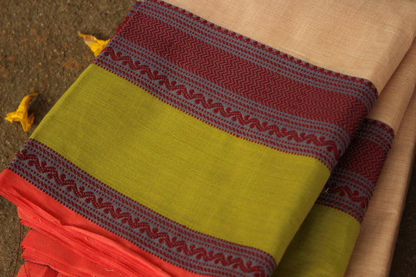 Off White Cotton Saree with contrast Woven Border.