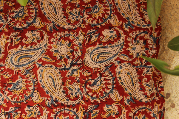 Red Floral Hand Block Printed Cotton Kalamkari Fabric.