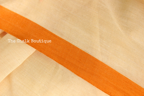 White 'handloom mark' handwoven begumpuri saree with thin mustard contrast border. TCB-PI2-C2-BG-The Chalk Boutique