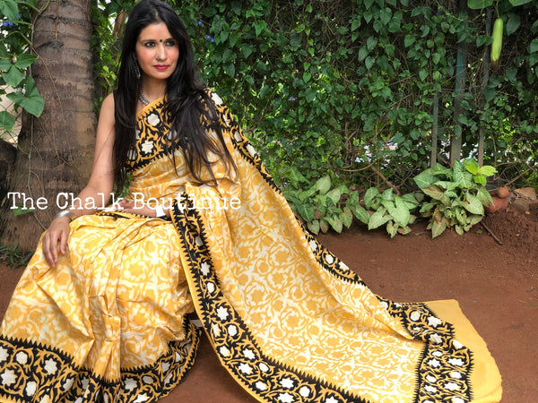 | Genda Phool | Mustard hand block mul mul cotton saree.