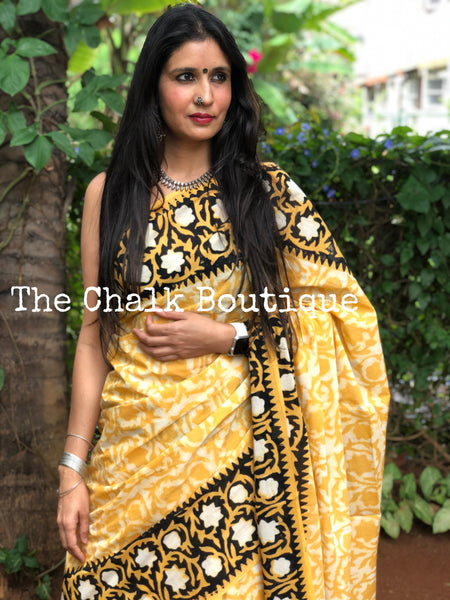 | Genda Phool | Mustard hand block mul mul cotton saree.