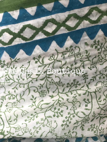 | Night Queen | White and Blue Hand Block Printed mul mul cotton saree.