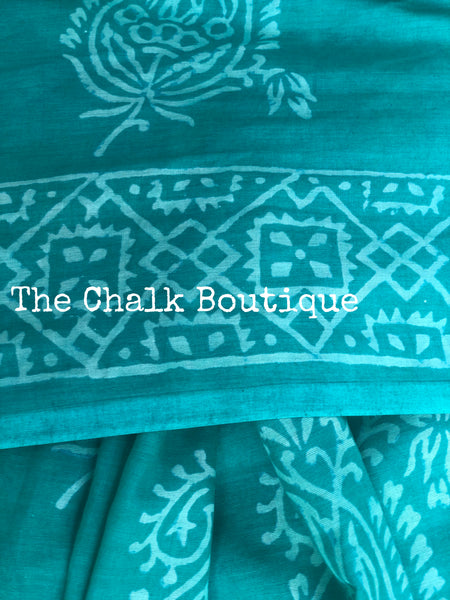 | Feroza | Sea Green Hand Block Printed mul mul cotton saree.