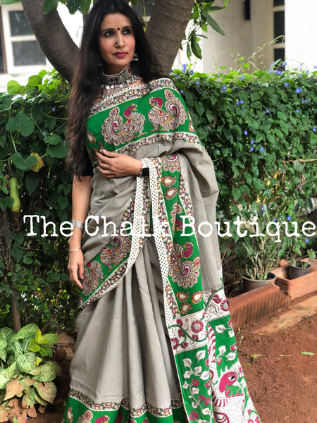 Grey with green broad border soft cotton kalamkari saree.