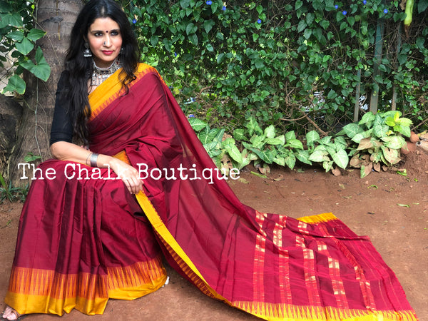 Maroon with Mustard Border Mercerised Cotton Saree.