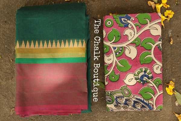 Bottle Green Kanchi Cotton Saree with contrast Woven Border. TCB-KC55-KN-The Chalk Boutique