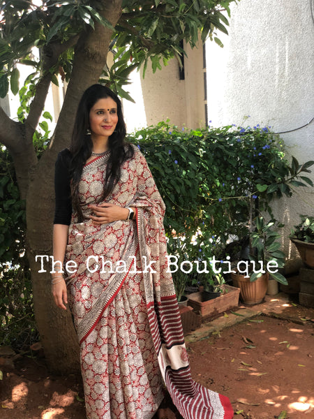 | Laal Phool | Red Traditional Dabu Handblock printed Cotton saree with off white bootas.