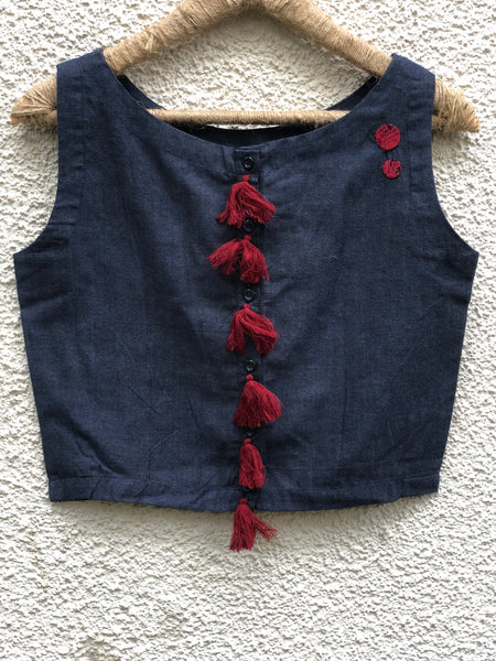 Dark Grey Sleeveless ready to wear cotton Blouse with tassels and button detailing on the shoulder
